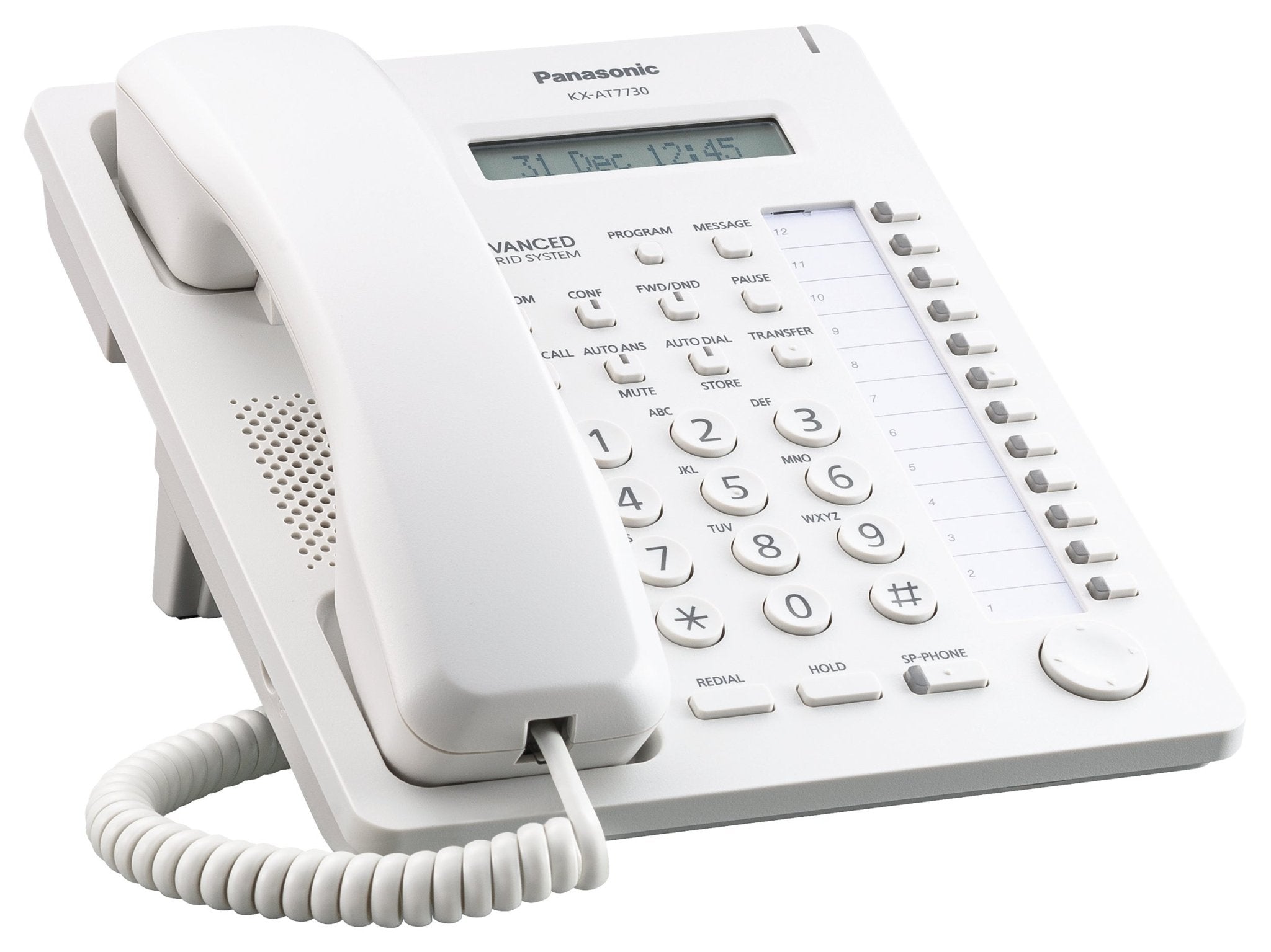 Teléfono Ejecutivo Panasonic KX-AT7730X con pantalla LCD de 1 línea, altavoz, 12 teclas flexibles programables, entrada para diadema, color blanco - LA CASA DEL TELEFONO