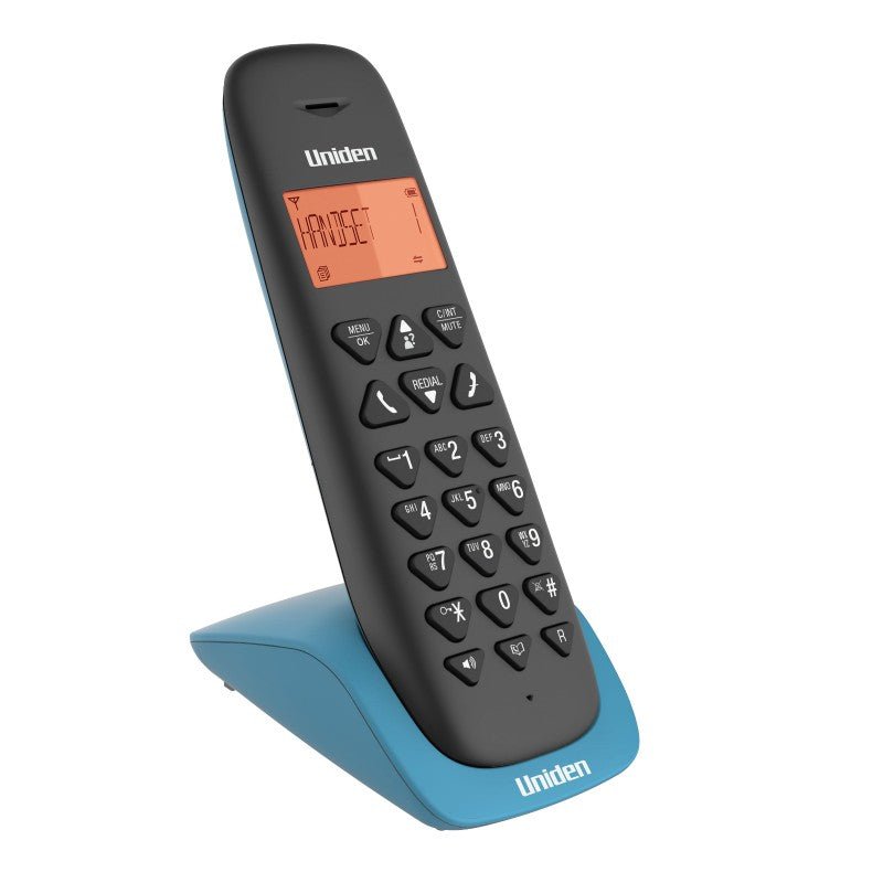 Teléfono inalámbrico Uniden AT3102 en color negro con turquesa, pantalla iluminada, identificador de llamadas, altavoz y múltiples melodías de timbrado - LA CASA DEL TELEFONO