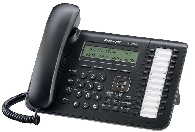 Teléfono IP Panasonic KX-NT543 en color negro, con pantalla de 3 líneas, 2 puertos 10/100, PoE, entrada de 2.5mm para diadema y 24 teclas flexibles programables - LA CASA DEL TELEFONO