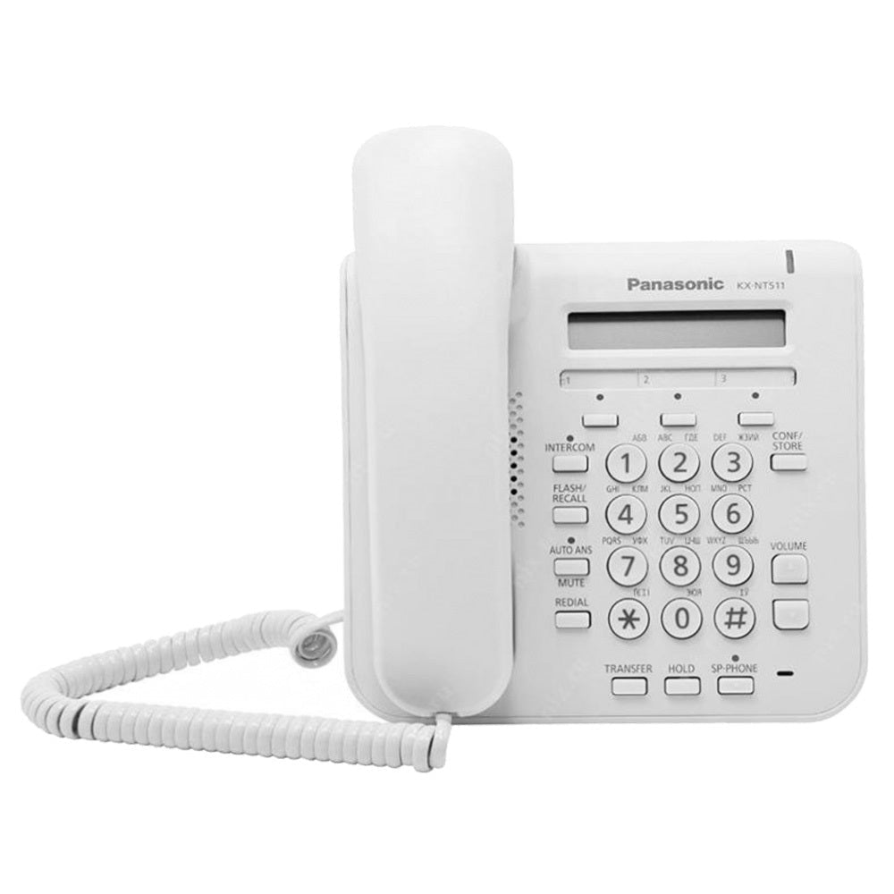 Teléfono Propietario IP Panasonic KX-NT511AXW con pantalla LCD, 2 puertos ethernet 10/100, 3 botones CO flexibles, altoparlante full dúplex - LA CASA DEL TELEFONO