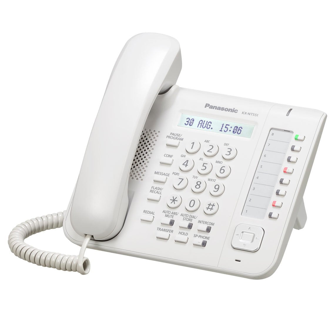 Teléfono Propietario IP Panasonic KX-NT551 blanco, con pantalla LCD, 2 puertos gigabit ethernet, PoE, 8 botones CO programables y altavoz - LA CASA DEL TELEFONO