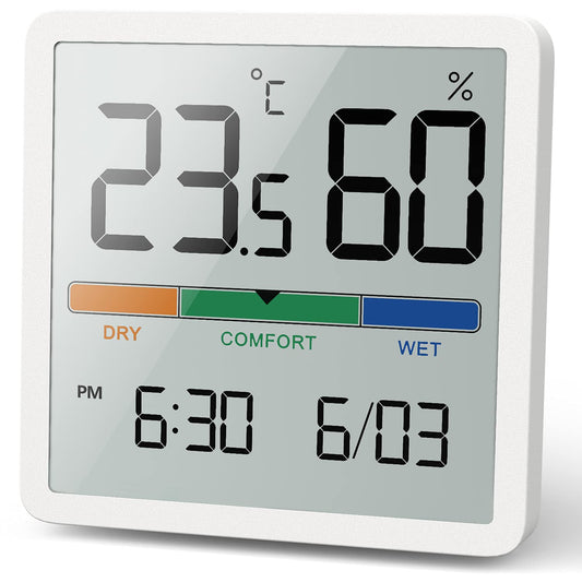 Termómetro higrómetro digital, mide temperatura y humedad, muestra la hora y fecha – NK5253 - LA CASA DEL TELEFONO