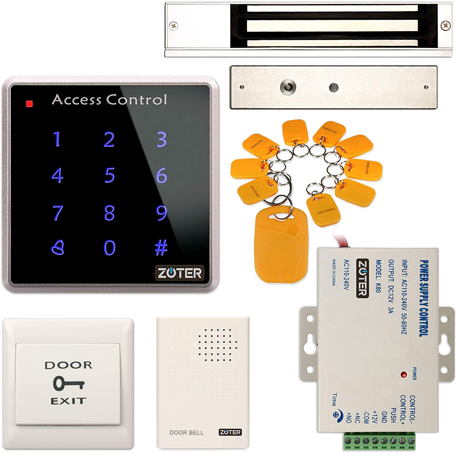 KIT completo de acceso: Cerradura magnética, teclado, fuente de poder, campana, botón de salida y llaveros de proximidad